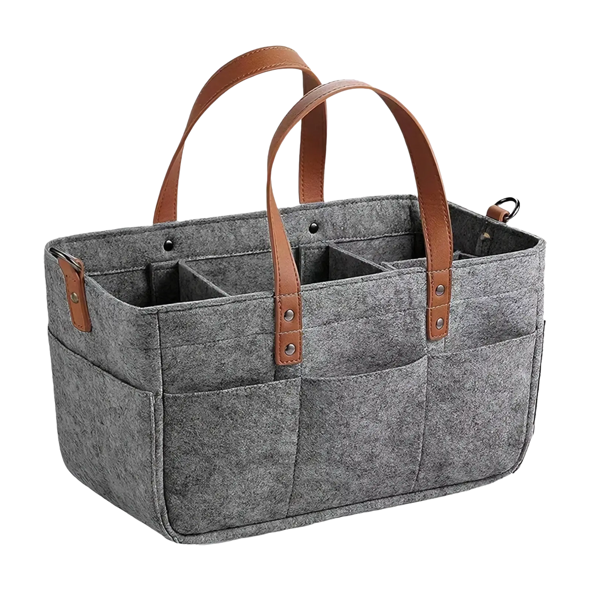 Gray felt car seat organizer storage caddy bag with brown leather handles and multiple compartments for storage