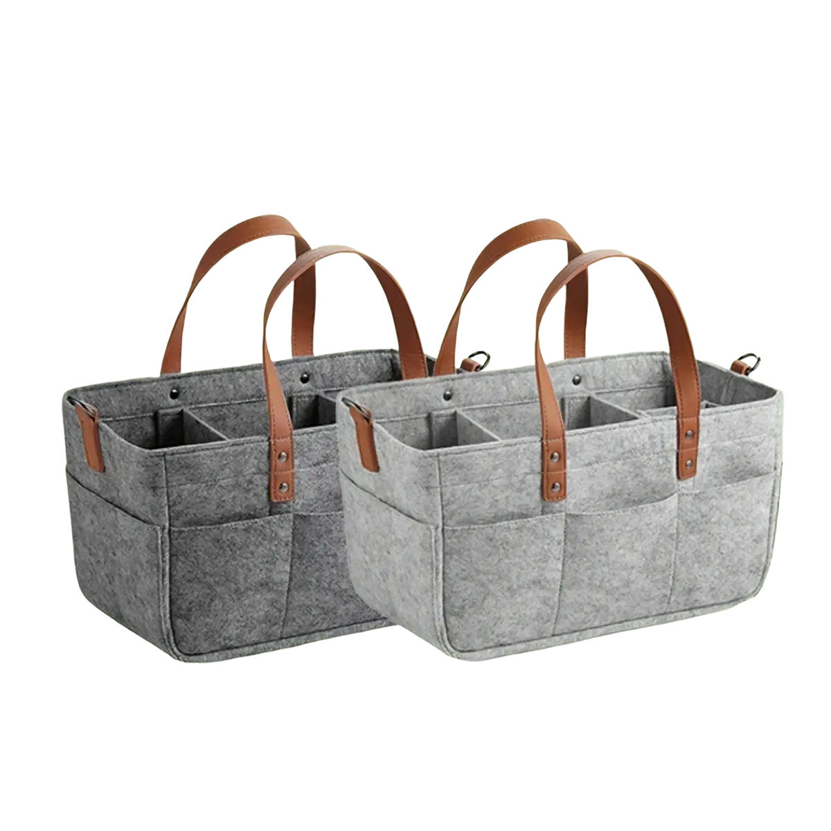 Gray felt car seat organizer storage caddy bag with brown leather handles and metal hardware for car storage