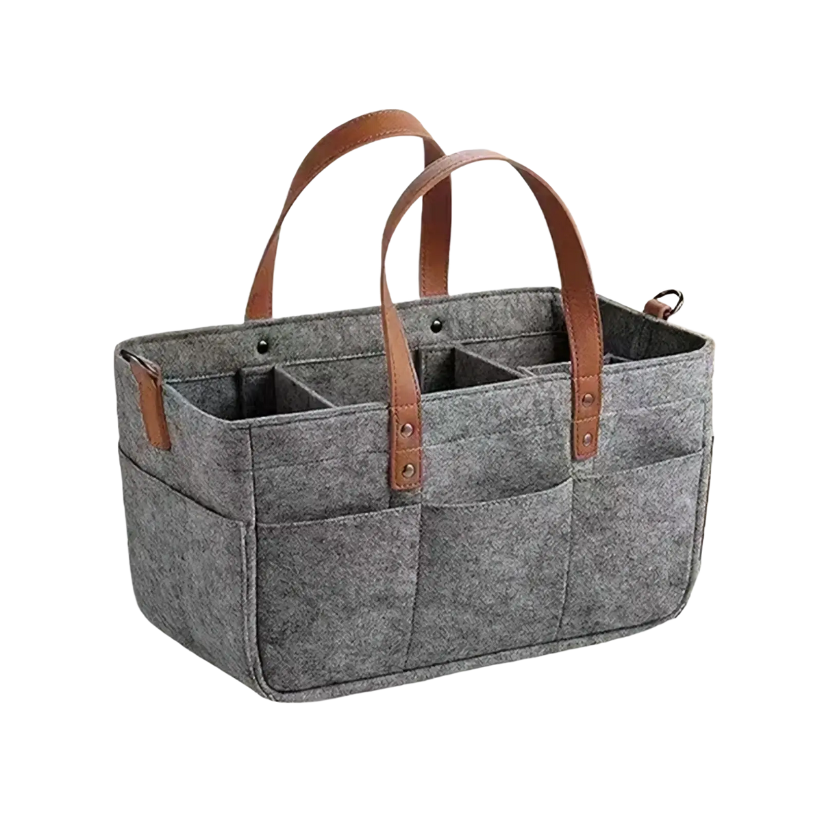 Gray felt car seat organizer storage caddy bag with brown leather handles and multiple compartments for easy organization