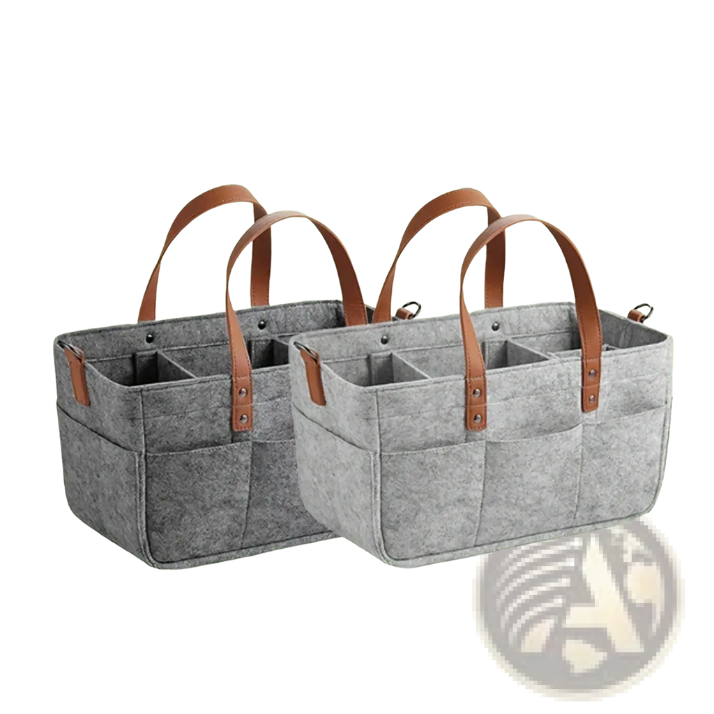 Gray felt car seat organizer storage caddy bag with brown leather handles and metal hardware for car storage