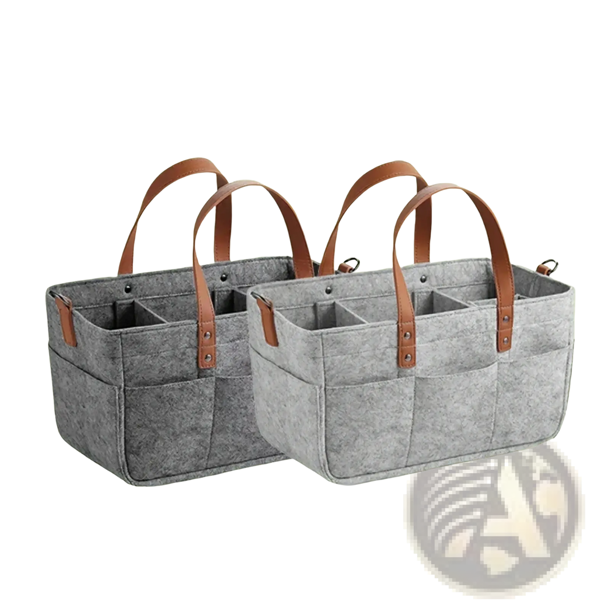Gray felt car seat organizer storage caddy bag with brown leather handles and metal hardware for car storage