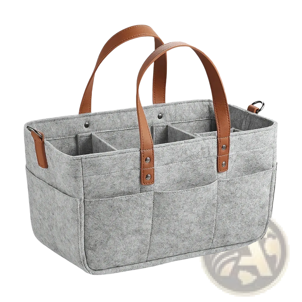 Gray felt car seat organizer storage caddy bag with brown leather handles and multiple compartments for storage