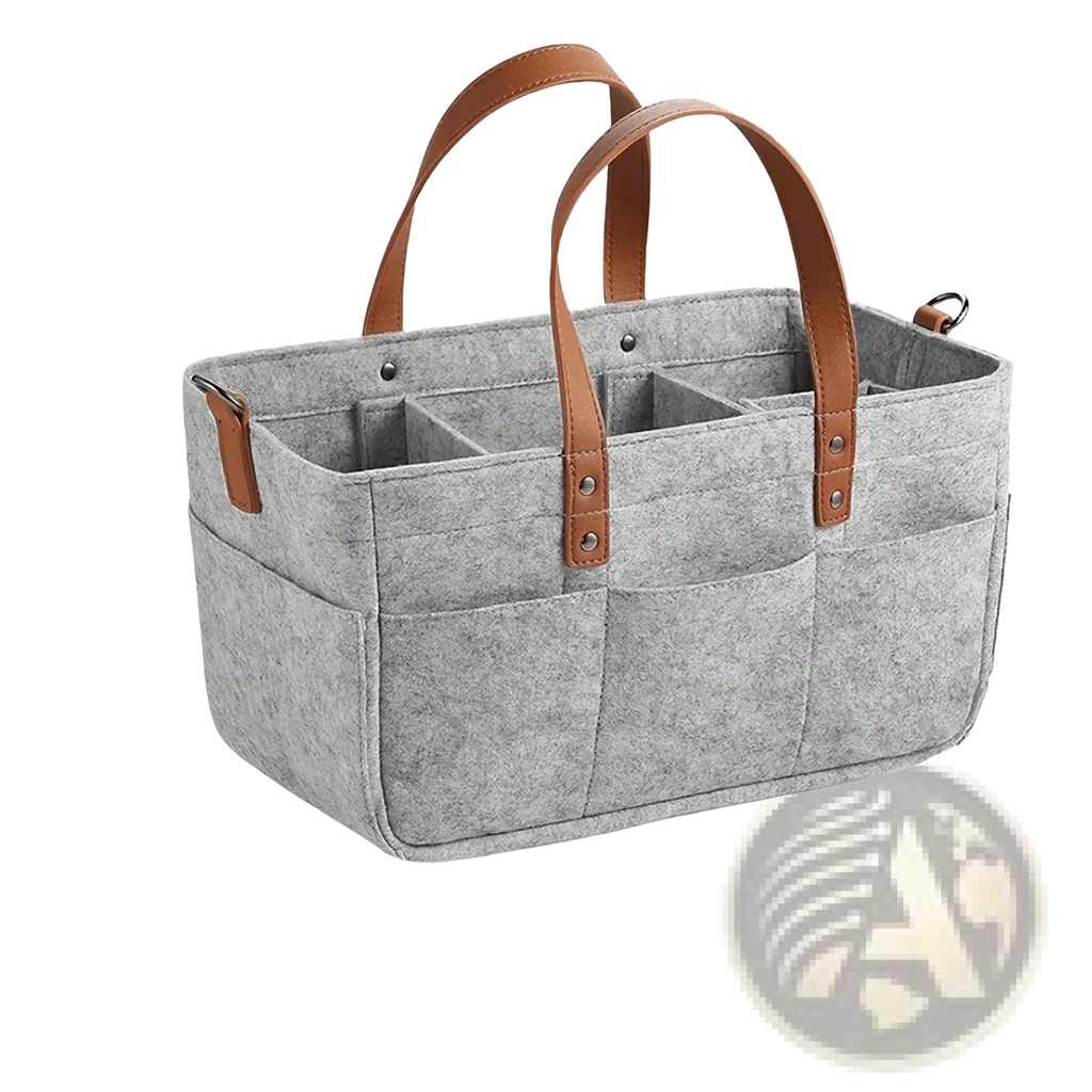 Gray felt car seat organizer storage caddy bag with brown leather handles and multiple compartments for storage