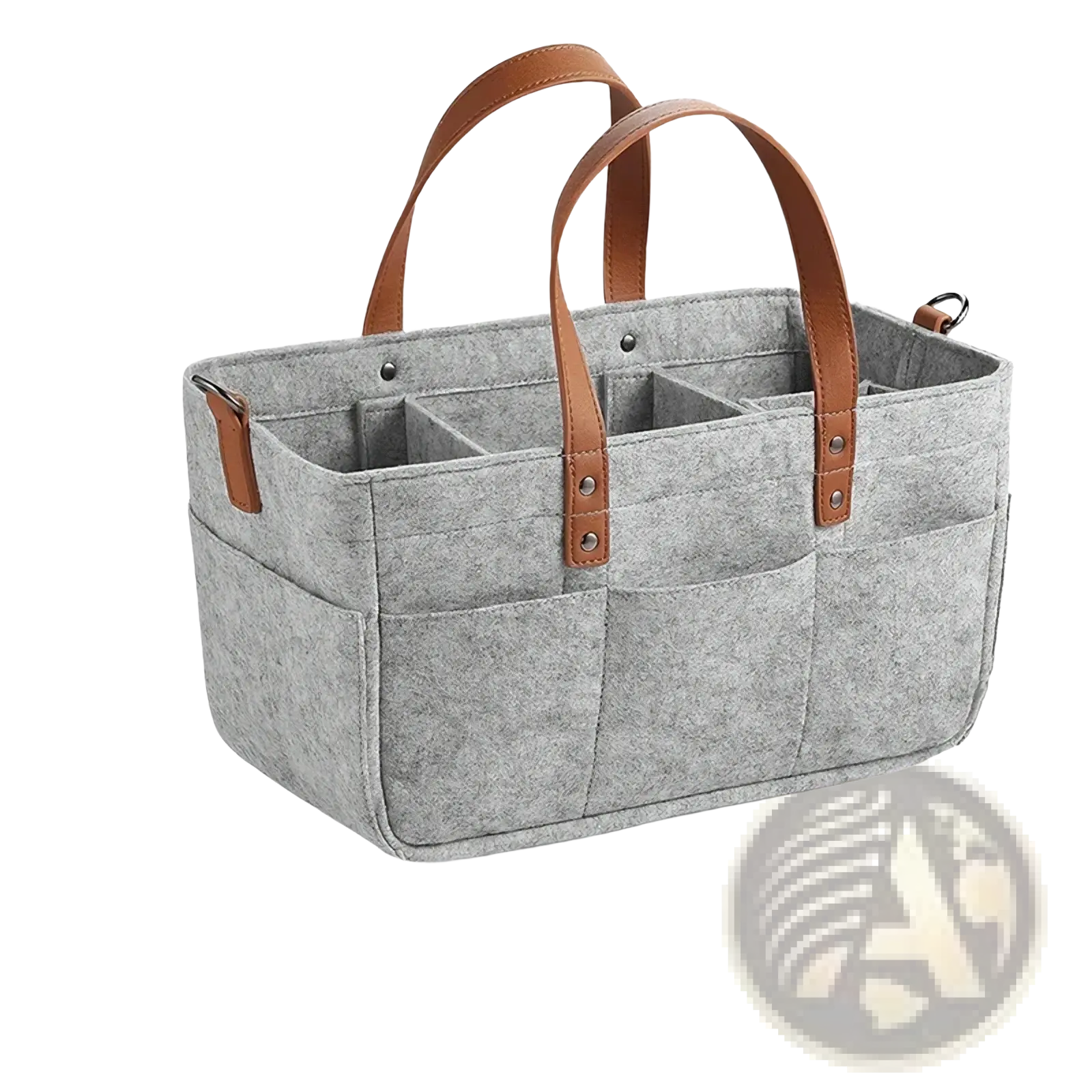 Gray felt car seat organizer storage caddy bag with brown leather handles and multiple compartments for storage