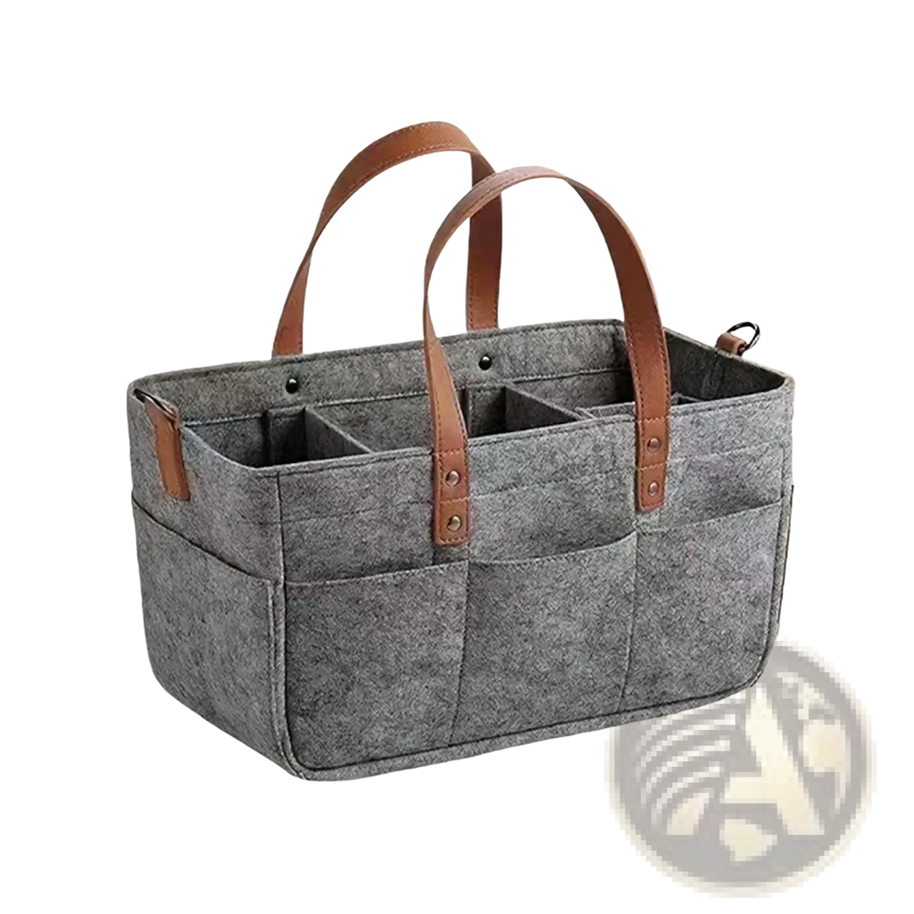 Gray felt car seat organizer storage caddy bag with brown leather handles and multiple compartments for easy organization