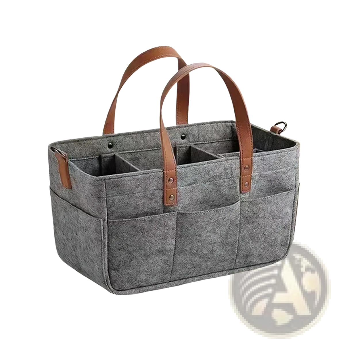 Gray felt car seat organizer storage caddy bag with brown leather handles and multiple compartments for easy organization