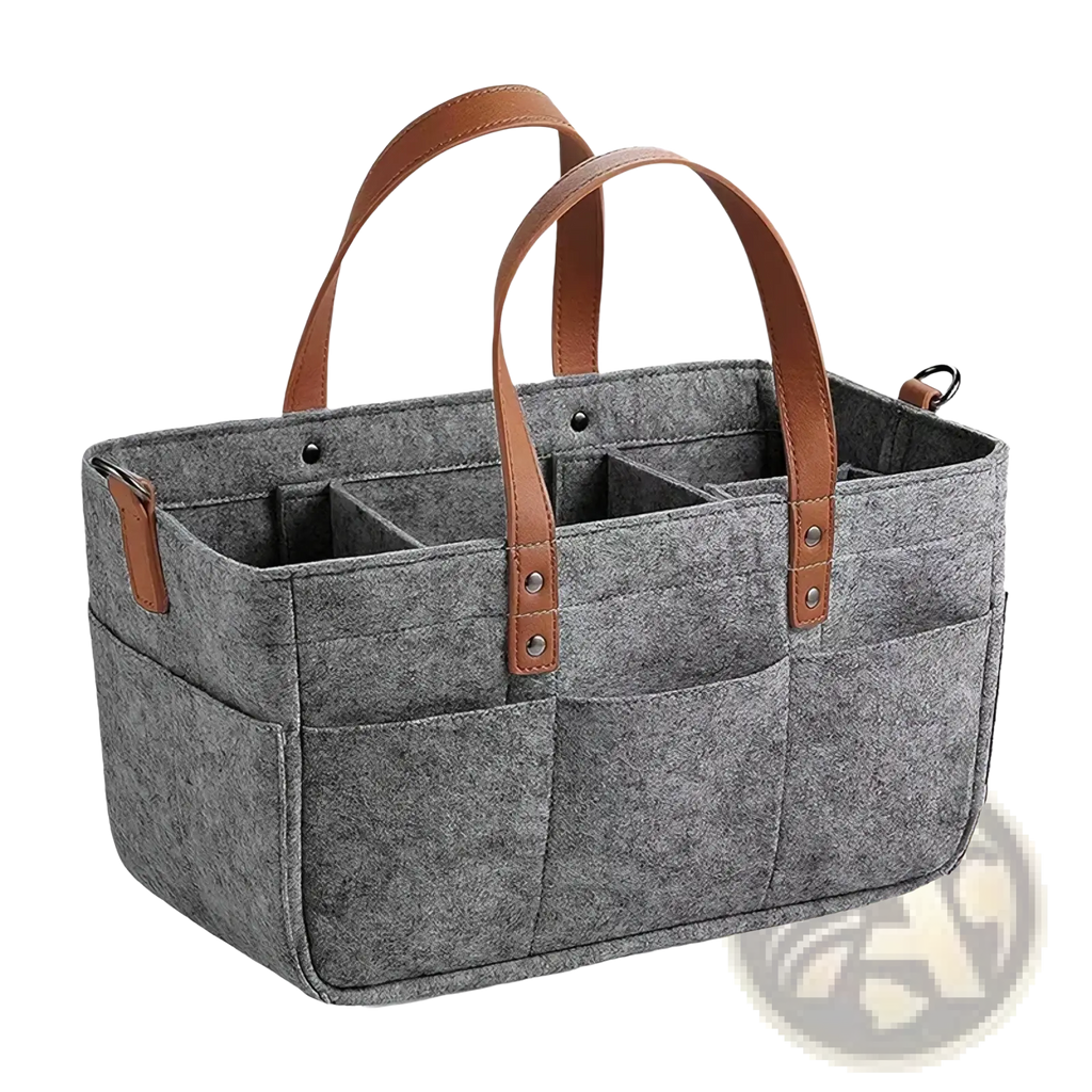 Gray felt car seat organizer storage caddy bag with brown leather handles and multiple compartments for storage