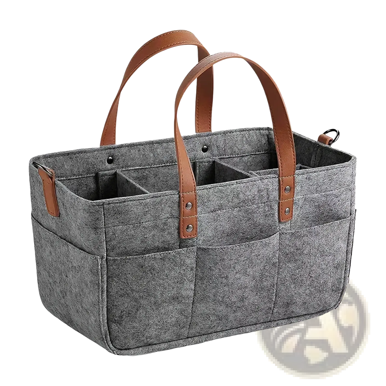 Gray felt car seat organizer storage caddy bag with brown leather handles and multiple compartments for storage