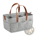 Gray felt car seat organizer storage caddy bag with brown leather handles and multiple compartments for storage