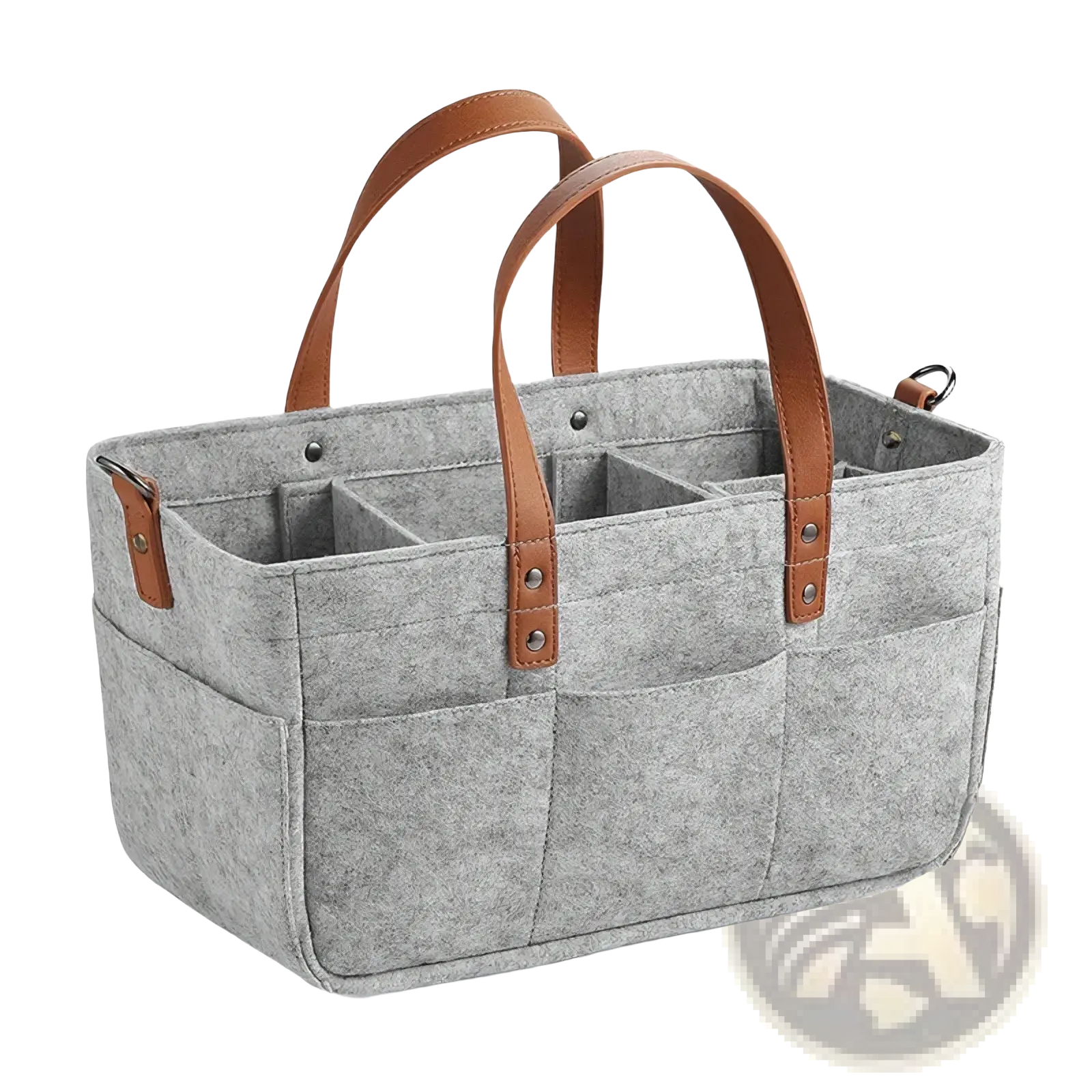 Gray felt car seat organizer storage caddy bag with brown leather handles and multiple compartments for storage