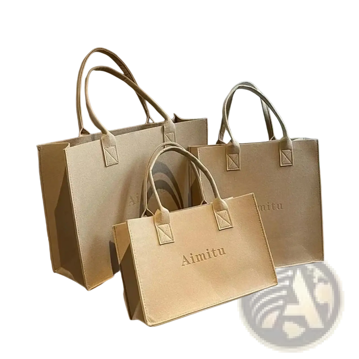 Beige canvas tote bags with matching handles and subtle aimitu branding for large capacity crossbody use