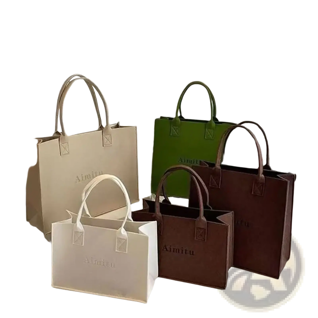 Felt crossbody shoulder bag large capacity tote in beige cream green and brown canvas with embossed brand logo and matching handles
