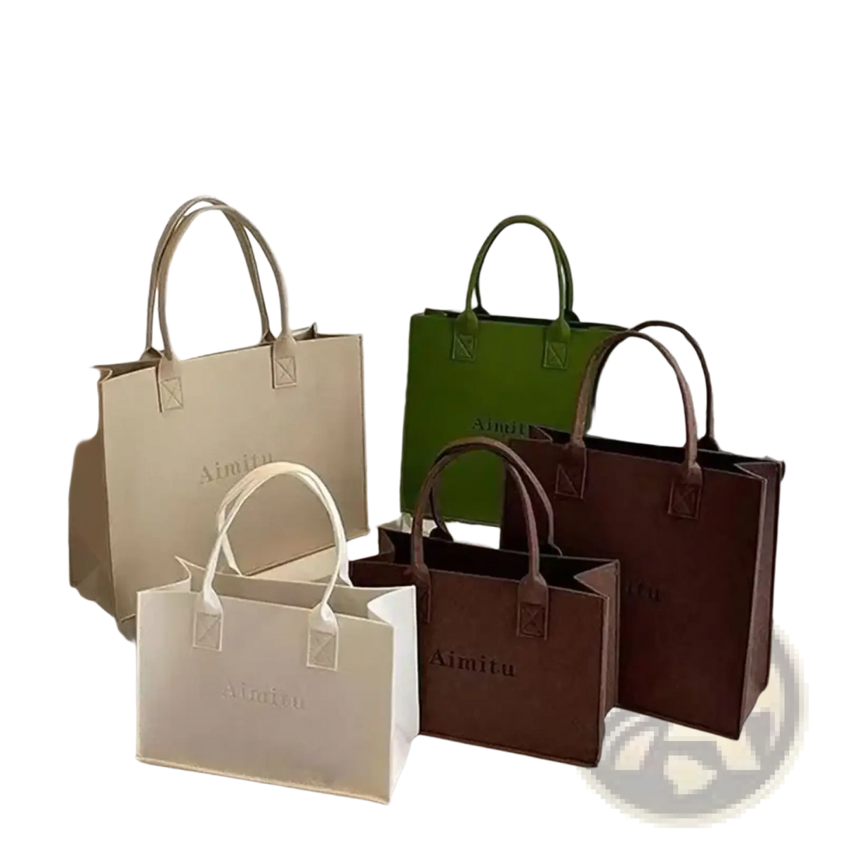 Felt crossbody shoulder bag large capacity tote in beige cream green and brown canvas with embossed brand logo and matching handles