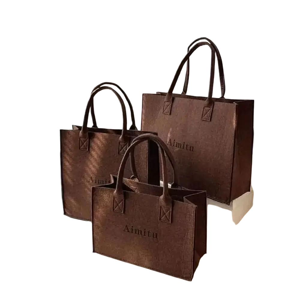 Brown aimitu felt crossbody shoulder tote bag with textured leather finish and reinforced handles for large capacity use