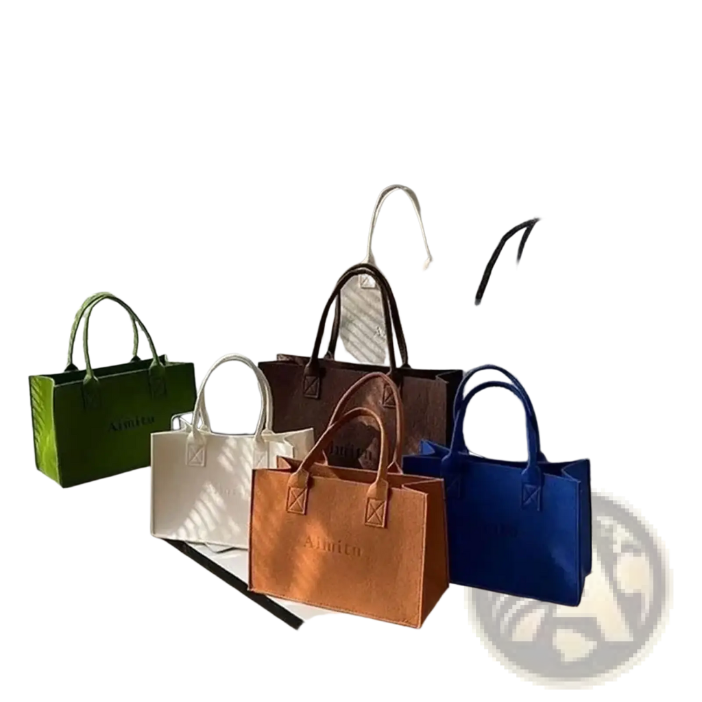 A collection of colorful minimalist felt crossbody shoulder bags in green, white, brown, blue, and gray with large capacity
