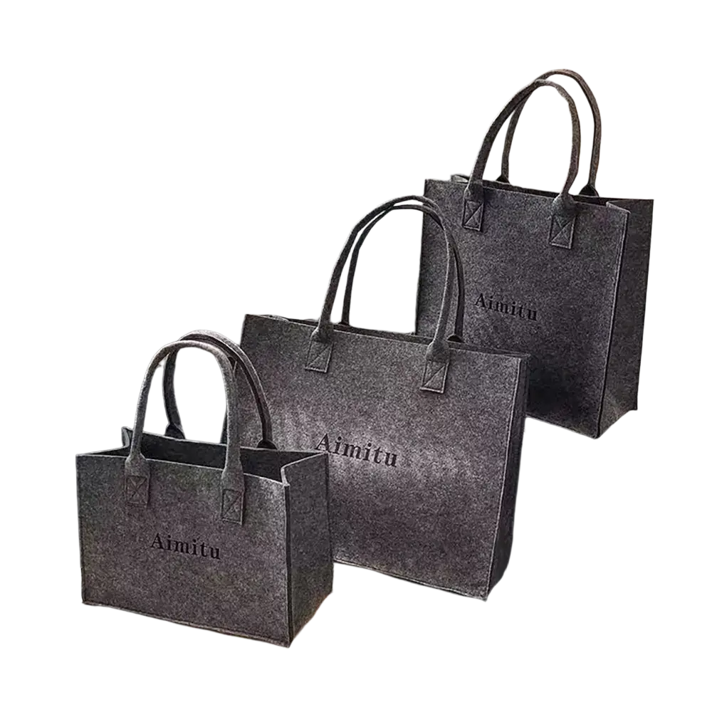 Grey felt tote bags with aimitu branding and reinforced handles designed as large capacity crossbody shoulder bags
