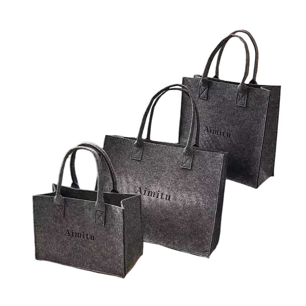 Grey felt large capacity crossbody shoulder tote bag with aimitu branding and reinforced handles