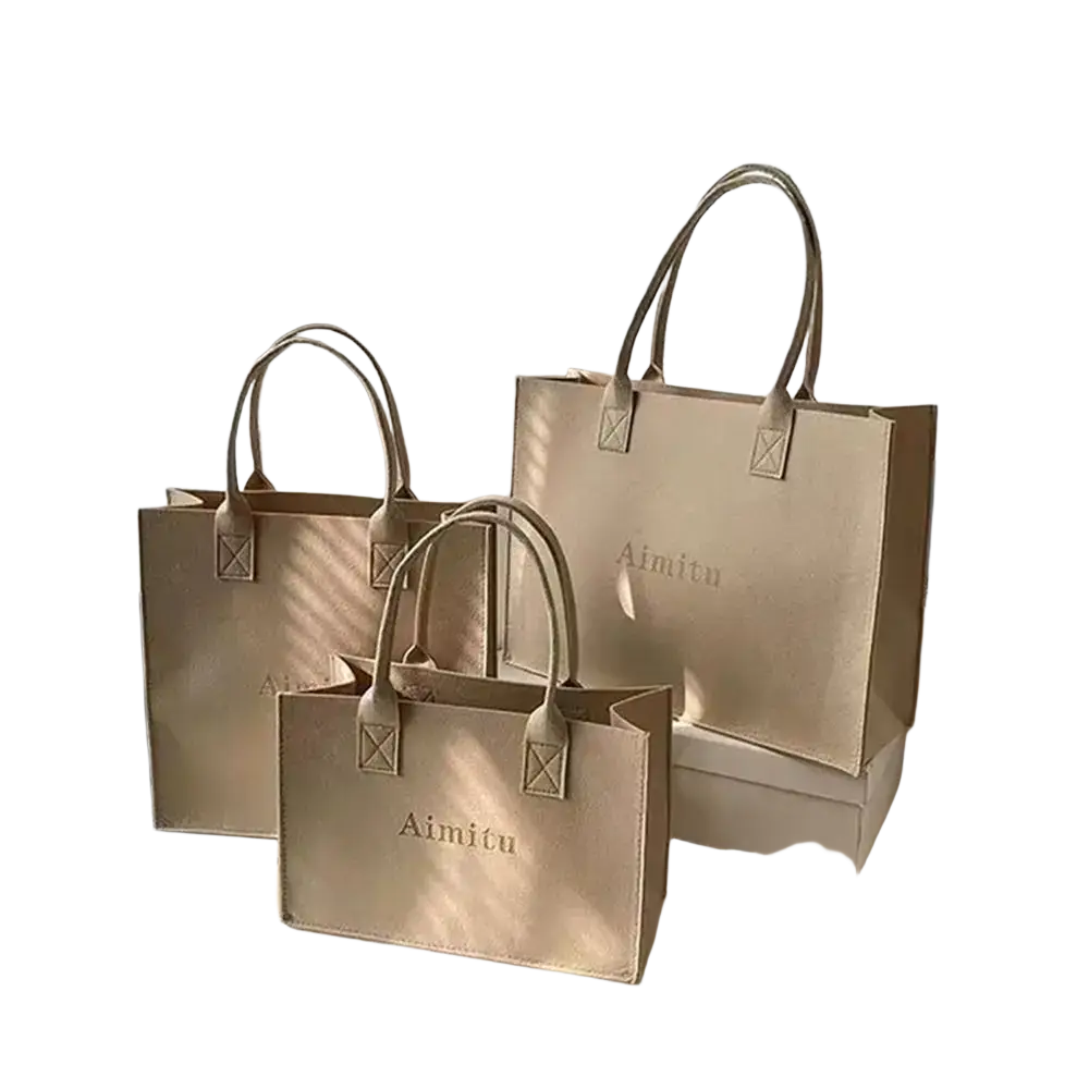 Khaki felt crossbody shoulder bag tote with large capacity structured design and reinforced handles