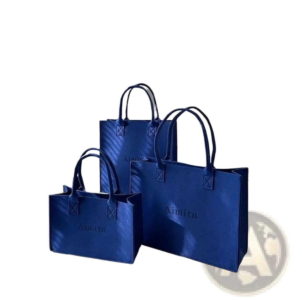 Three royal blue felt crossbody shoulder tote bags with large capacity matching handles and embossed logos