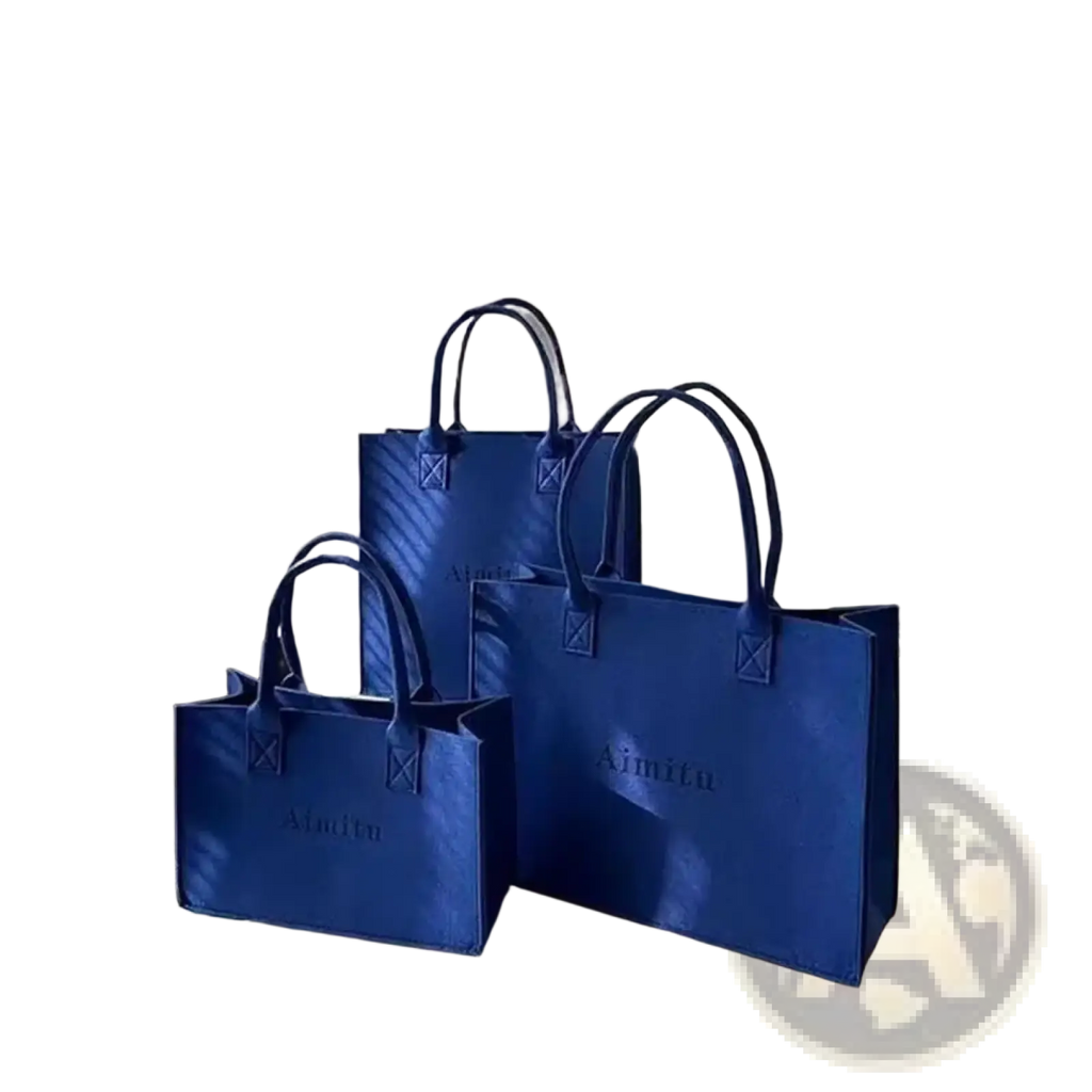 Three royal blue felt crossbody shoulder tote bags with large capacity and subtle embossed branding and matching handles