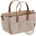 Beige felt diaper caddy nursery organizer basket with brown leather handles and stitching made of canvas material
