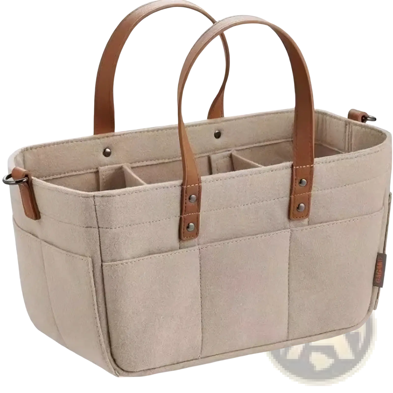 Beige felt diaper caddy nursery organizer basket with brown leather handles and stitching made of canvas material