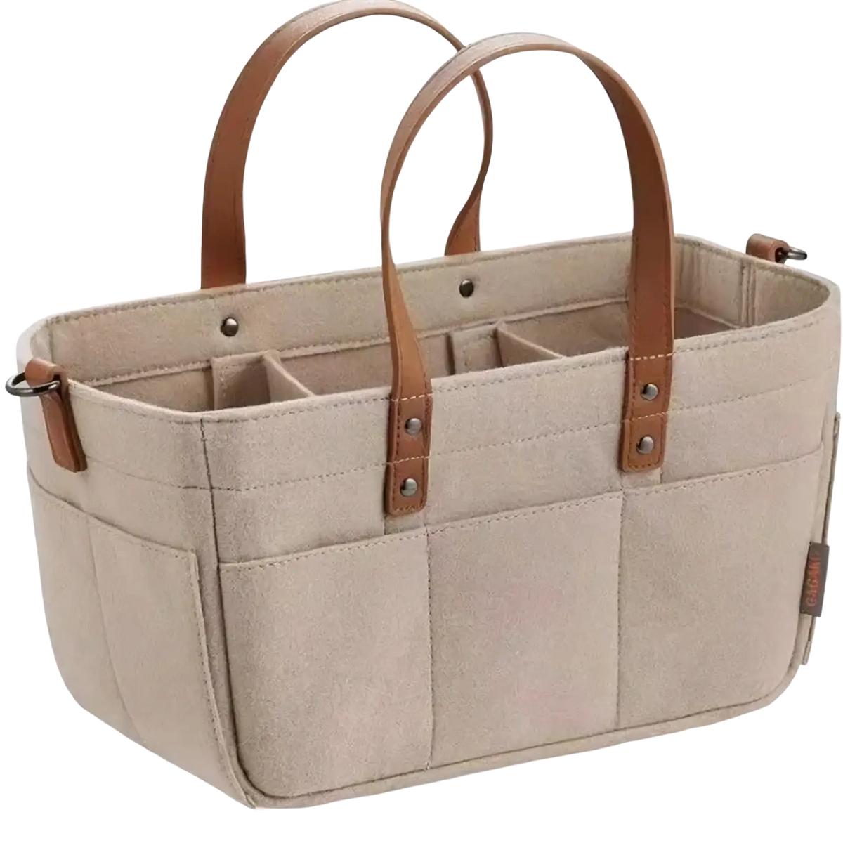 Beige felt diaper caddy nursery organizer basket with brown leather handles and stitching made of canvas material