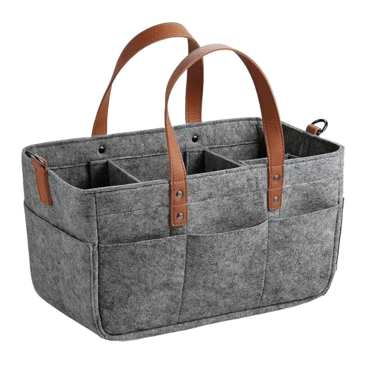 Gray felt diaper caddy nursery organizer basket with brown leather handles and multiple compartments for storage
