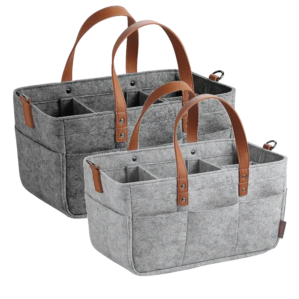 Gray felt diaper caddy nursery organizer basket with brown leather handles and multiple compartments for storage
