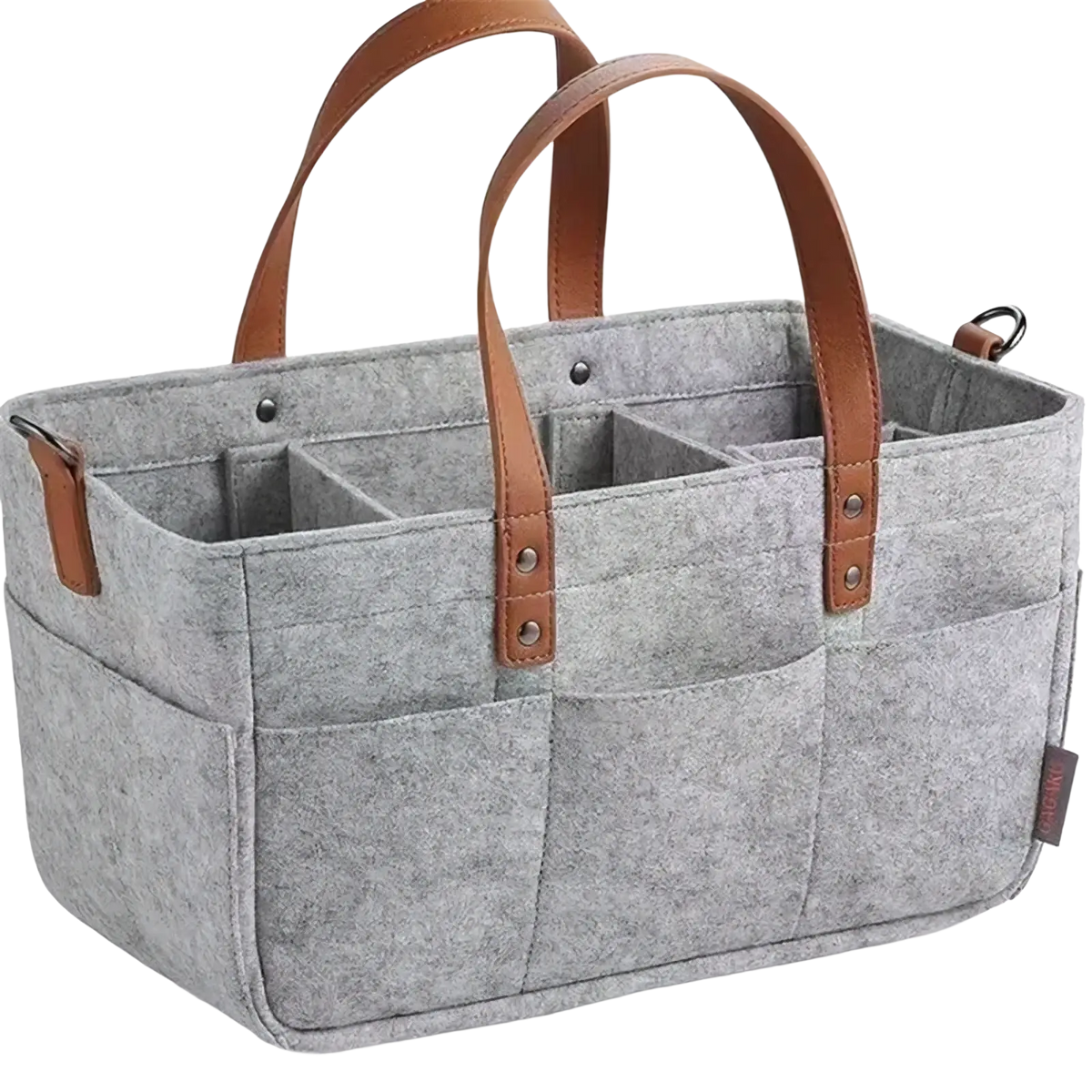 Gray felt diaper caddy nursery organizer basket with brown leather handles and multiple compartments