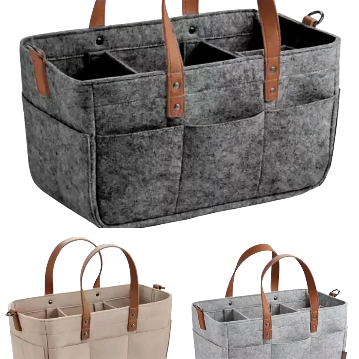 Gray felt diaper caddy nursery organizer basket with brown leather handles and multiple compartments for storage