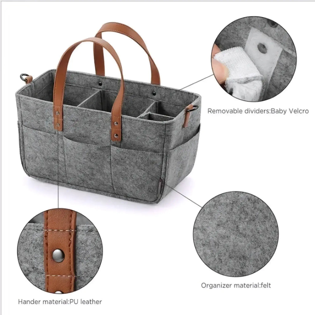 Gray felt diaper caddy nursery organizer basket with brown pu leather handles and removable baby velcro dividers