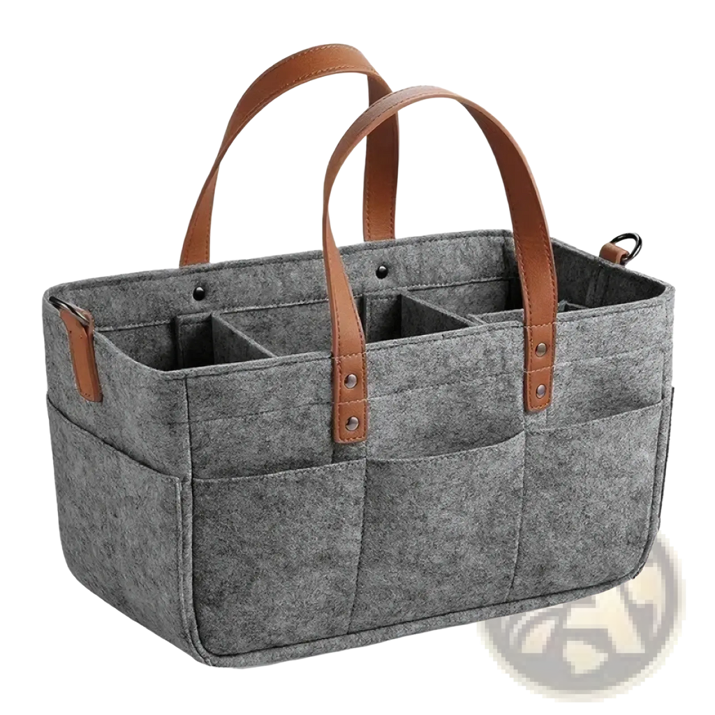 Gray felt diaper caddy nursery organizer basket with brown leather handles and multiple compartments for storage