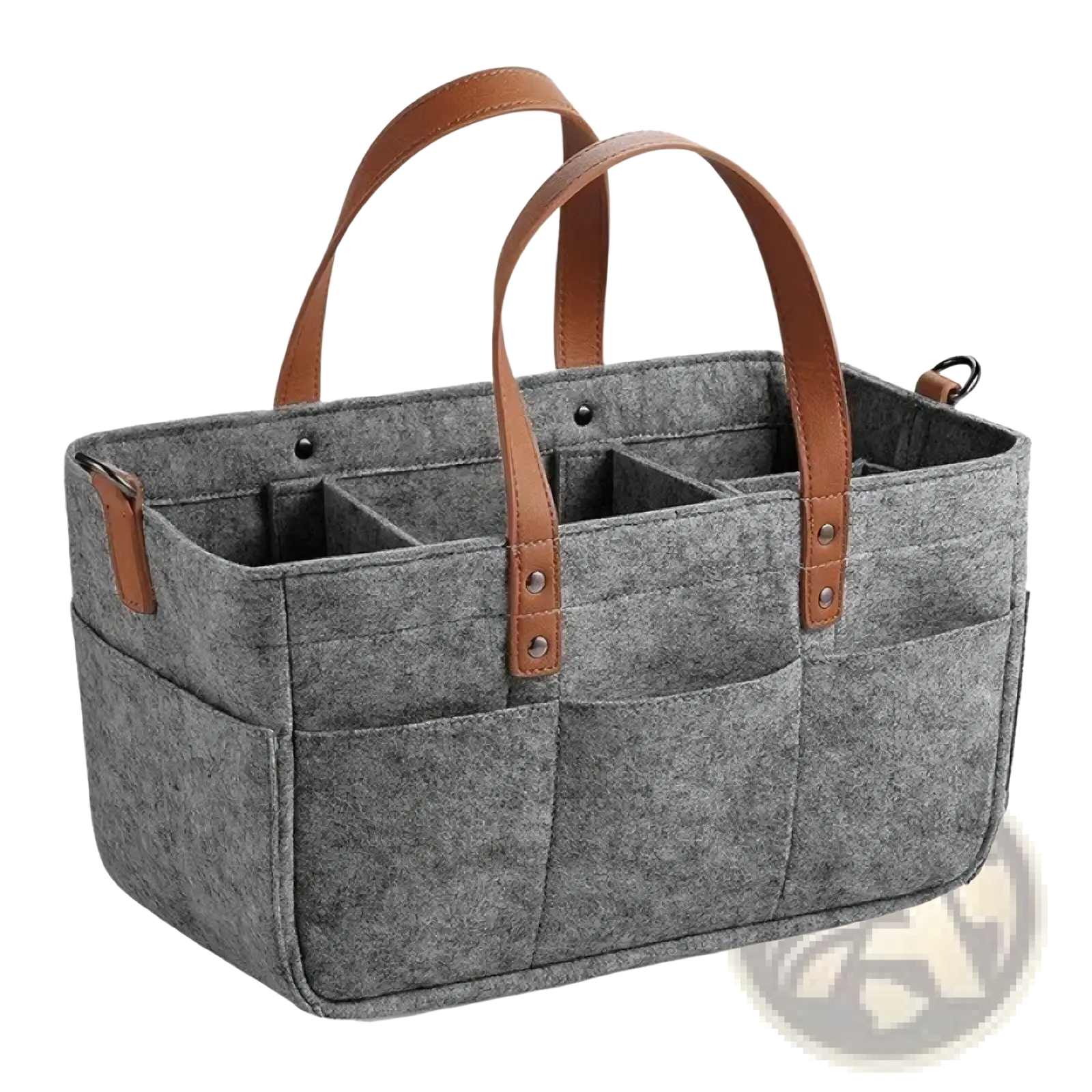 Gray felt diaper caddy nursery organizer basket with brown leather handles and multiple compartments for storage