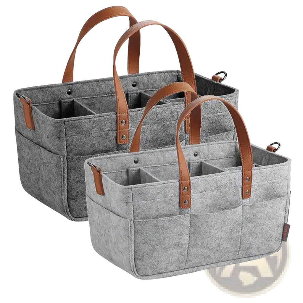 Gray felt diaper caddy nursery organizer basket with brown leather handles and multiple compartments for storage