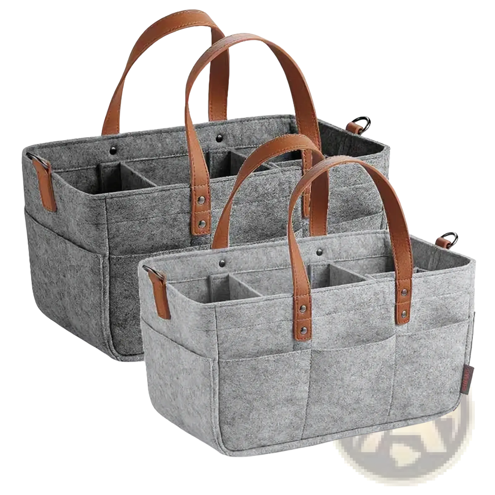 Gray felt diaper caddy nursery organizer basket with brown leather handles and multiple compartments for storage