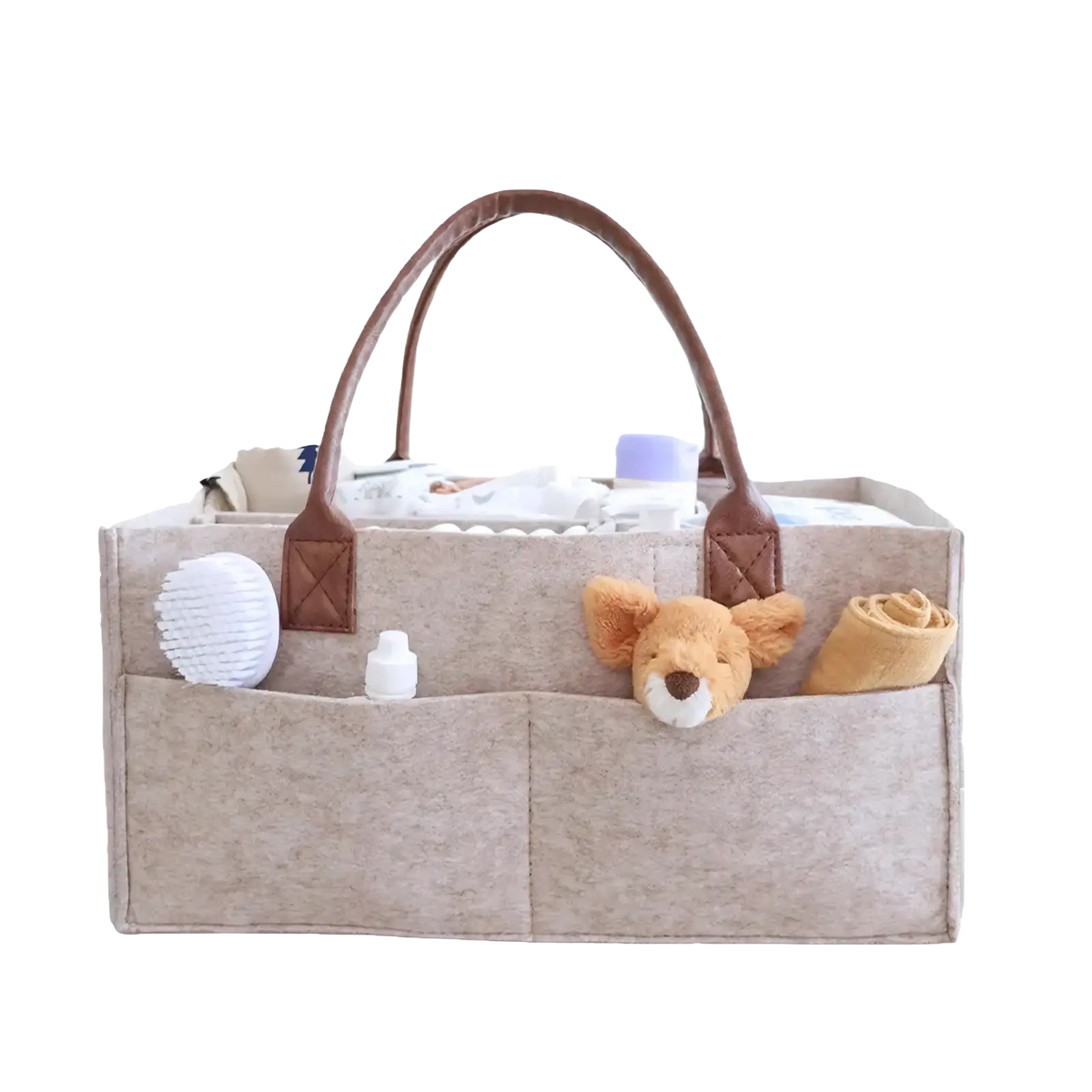 Beige felt diaper caddy nursery storage basket with brown leather handles and multiple compartments for baby care organization