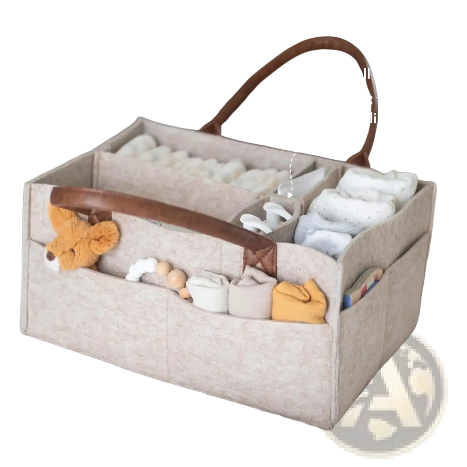 Beige felt diaper caddy nursery storage basket with brown leather handles and multiple compartments for baby essentials