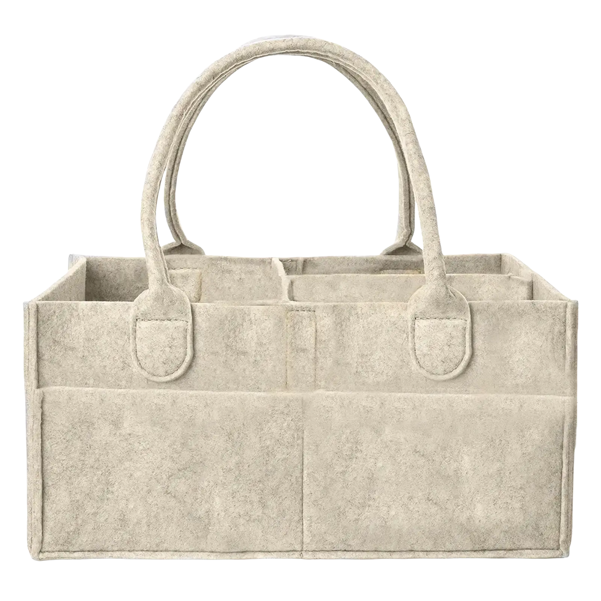 Beige felt diaper caddy nursery storage basket with two top handles and multiple compartments for organization