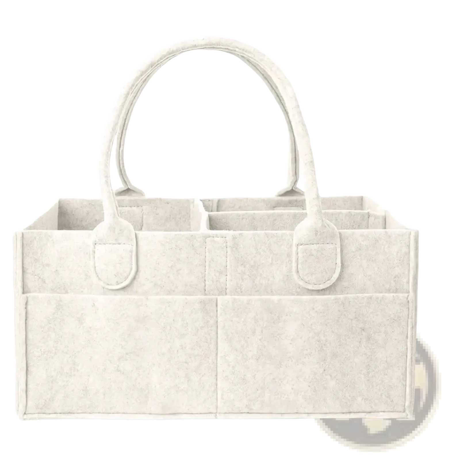 Off-white felt diaper caddy nursery storage basket tote with two rounded handles and multiple compartments