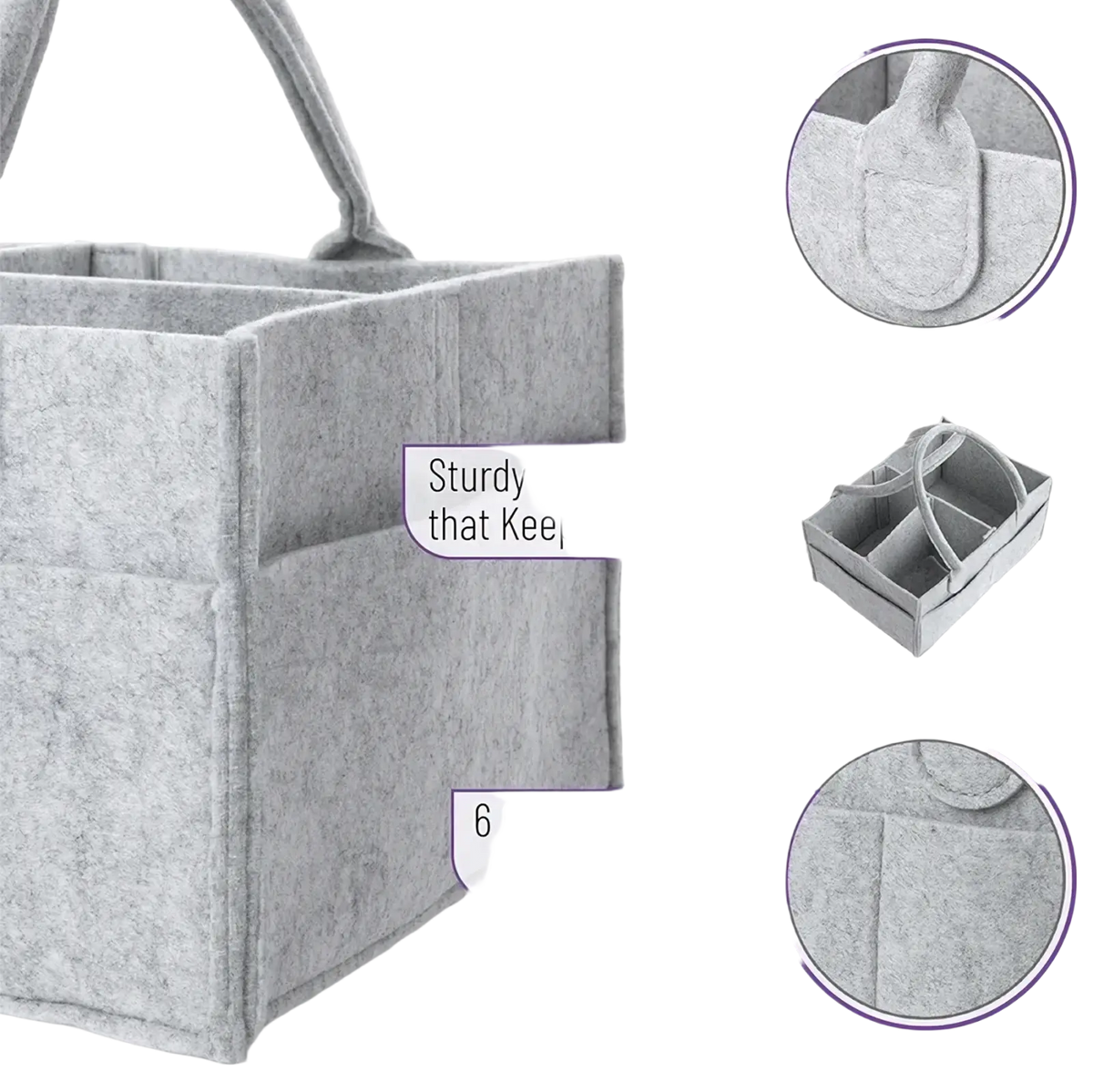 Gray felt diaper caddy nursery storage basket with sturdy stiff sides and integrated handles for organization