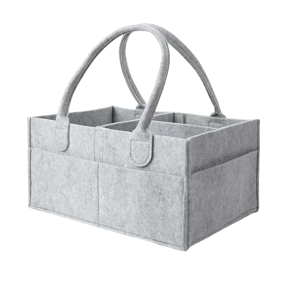 Gray felt diaper caddy nursery storage basket with two curved handles and multiple compartments for organization