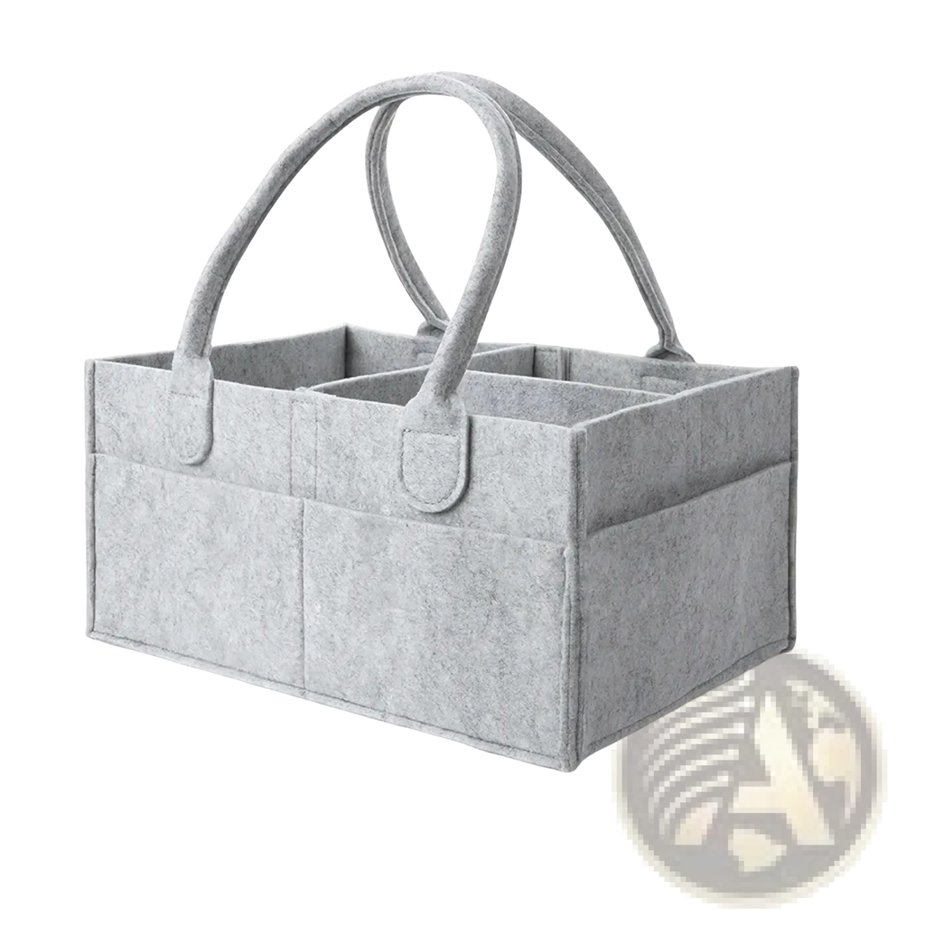 Gray felt diaper caddy nursery storage basket with two curved handles and multiple compartments for organization