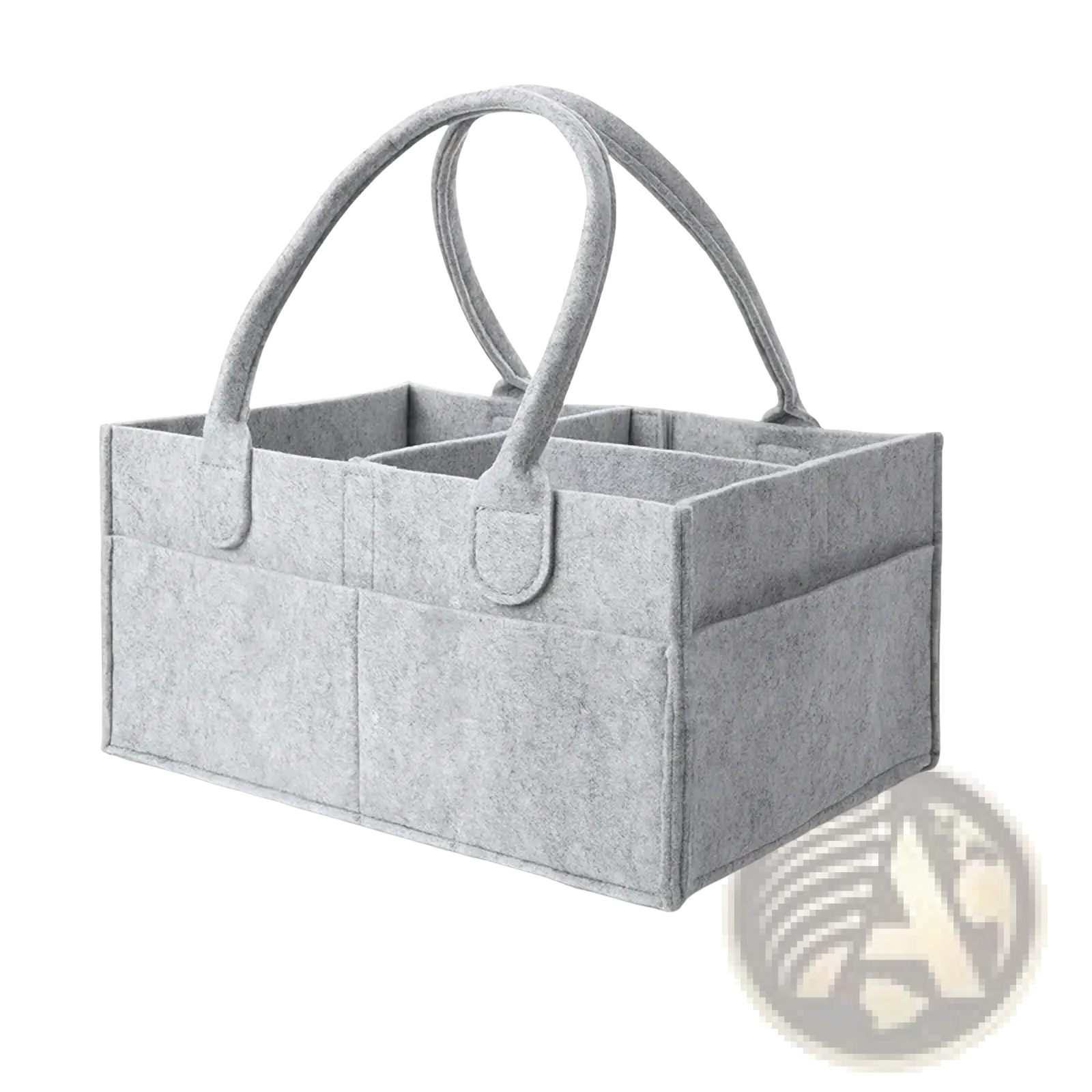 Gray felt diaper caddy nursery storage basket with two curved handles and multiple compartments for organization