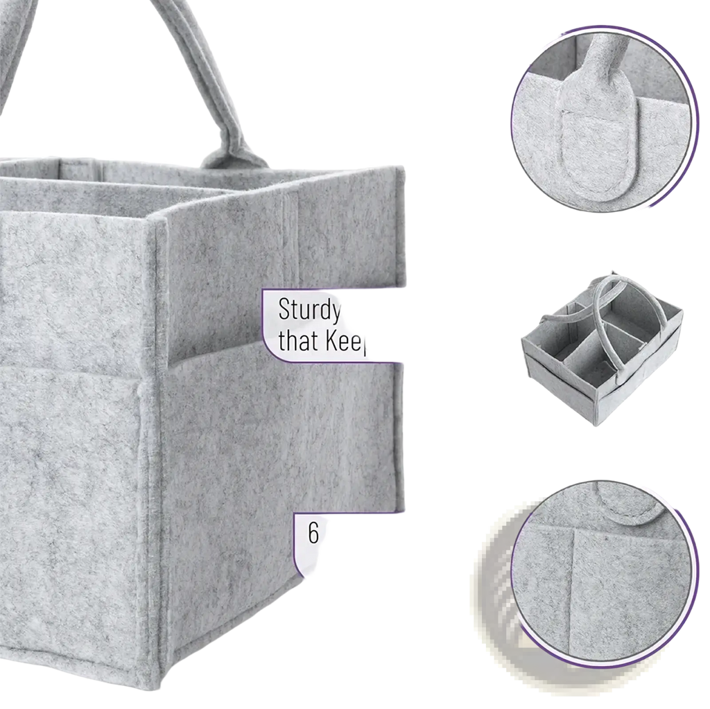 Gray felt diaper caddy nursery storage basket with sturdy stiff sides and integrated handles for organization