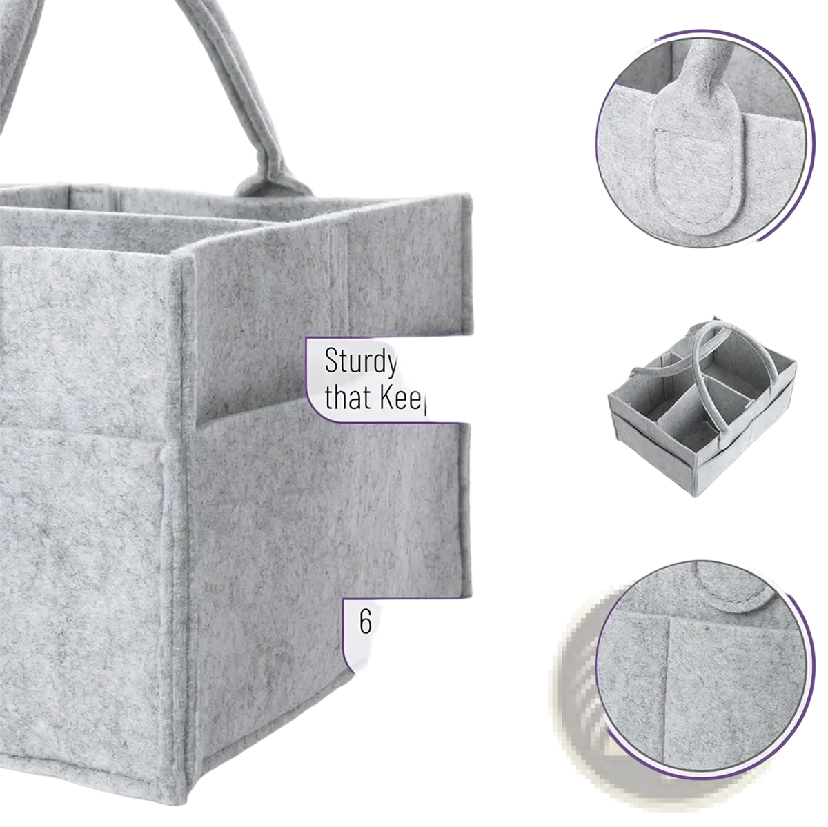 Gray felt diaper caddy nursery storage basket with sturdy stiff sides and integrated handles for organization
