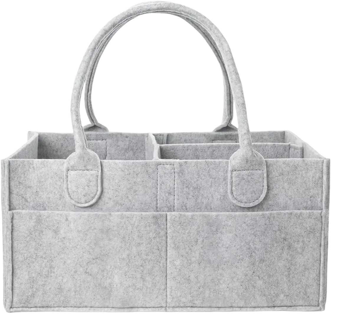 Light gray felt diaper caddy nursery storage basket tote with two rounded handles and multiple compartments