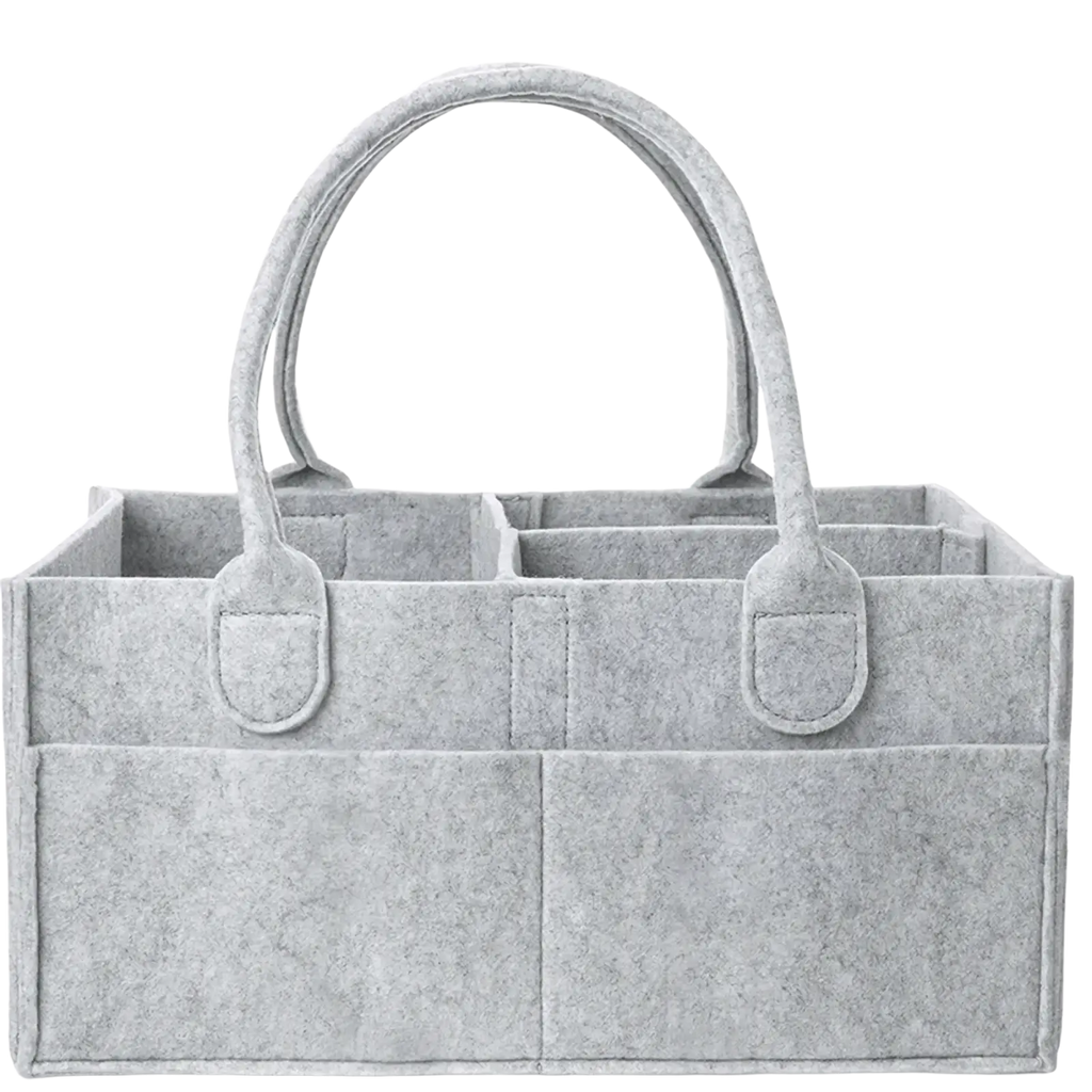 Light gray felt diaper caddy nursery storage basket tote with two curved handles and multiple compartments
