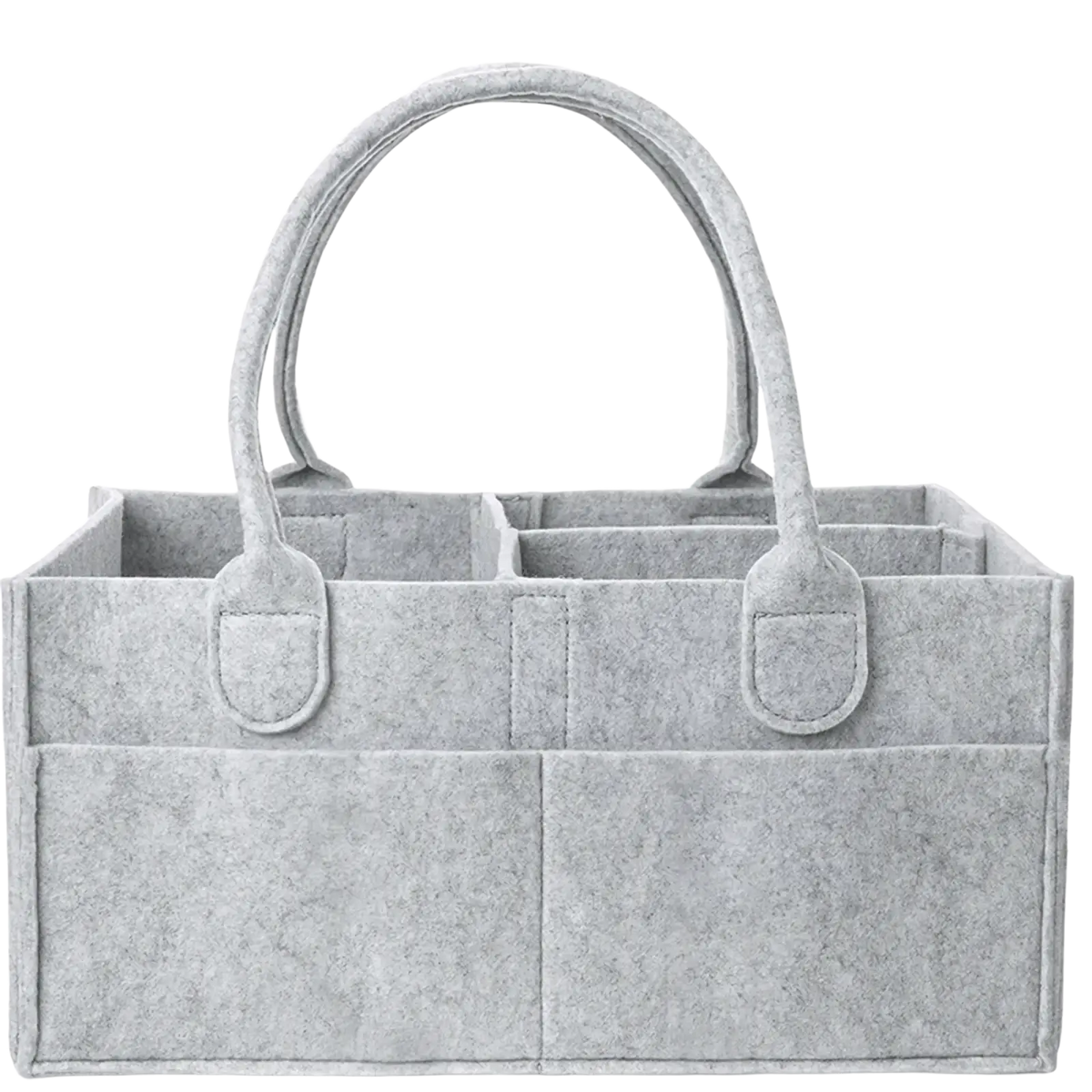 Light gray felt diaper caddy nursery storage basket tote with two curved handles and multiple compartments