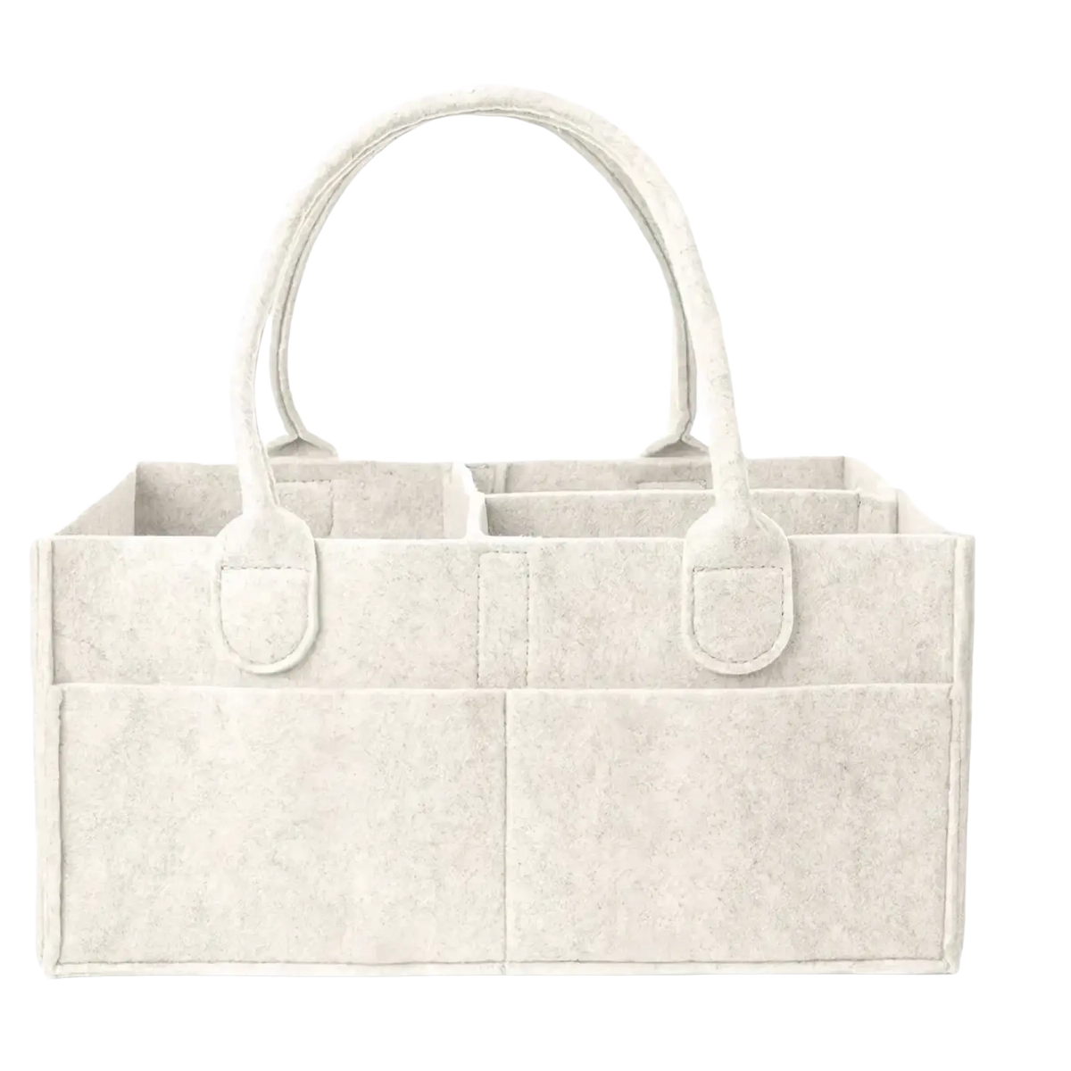 Off-white felt diaper caddy nursery storage basket tote with two rounded handles and multiple compartments